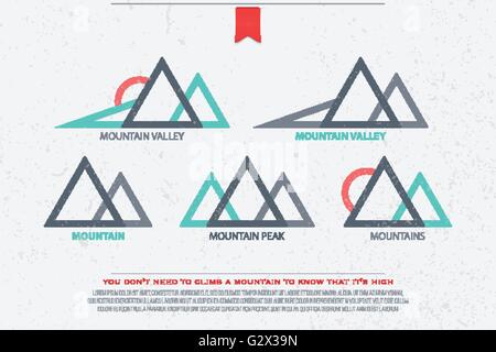 set of abstract high mountains vector icons. travel and rock climbing concept logo. landscape graphic design. mountain valley lo Stock Vector
