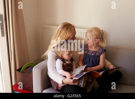 Mother Sitting On Sofa Reading Story With Daughters Stock Photo