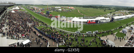 A panoramic view during Ladies Day of the 2016 Investec Epsom Derby Festival at Epsom Racecourse, Epsom. *EDITORS NOTE COMPOSITE IMAGE*