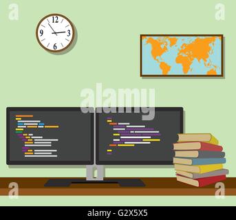 double monitor with code program programming on top of the desk vector graphic Stock Vector