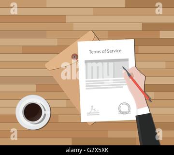 tos terms of service hand sign a paper document and glass of coffee vector graphic Stock Vector