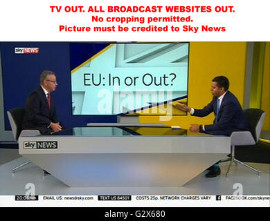 TV OUT. INTERNET OUT. No cropping permitted. Picture must be credited to Sky News. We are advised that videograbs should not be used more than 48 hours after the time of original transmission, without the consent of the copyright holder. Video grab taken from Sky News of Justice Secretary Michael Gove taking part in a live interview with Faisal Islam on the EU referendum, at the Sky News studios in Osterley, west London. Stock Photo