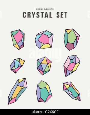 Set of 80s style colorful crystal mineral stones drawn elements in soft pastel colors, simple hand drawn diamond rock icons Stock Vector