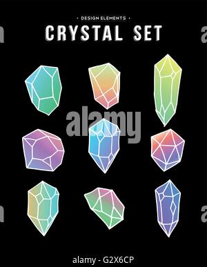 Set of 80s style colorful crystal mineral stones elements in soft pastel colors, simple hand drawn diamond rock icons Stock Vector