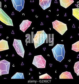 Modern 80s style seamless pattern of colorful crystal mineral stones in soft pastel colors, simple hand drawn diamond rocks Stock Vector