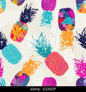 Retro summer seamless pattern design, pineapple fruit with happy vibrant colors and retro 80s style art elements. EPS10 vector. Stock Vector