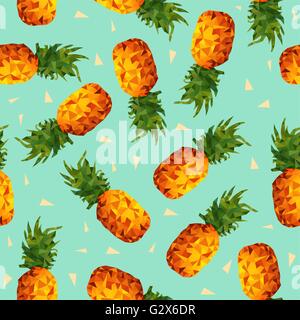 Modern summer seamless pattern, colorful pineapple fruit background in low poly style with geometric triangle shapes Stock Vector
