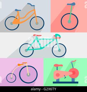 Flat set bicycles, exercise bike, circus, city, mountain Stock Vector