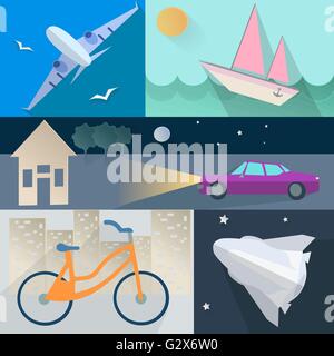 Set flet transport, plane, car, boat, home, bike, rocket, sea, trees Stock Vector