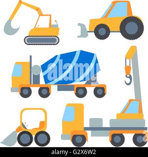 Set flet cars, tractor carrier, concrete mixer, excavator, bulldozer, crane Stock Vector