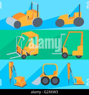 Set flet construction machinery. Roller-stacker, forklift, drill rig, bulldozer Stock Vector