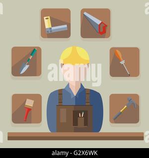Builder saw, hammer, brush, shovel Stock Vector