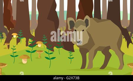 Boar in forest with trees, fungus, seamless, animals, nature Stock Vector