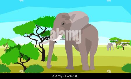 Elephant in a field with trees, seamless, animals and nature Stock Vector