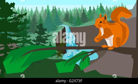 Squirrel on a branch in the coniferous forest, animal, nature Stock Vector