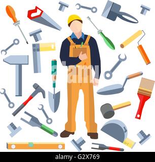 Set isolated objects, worker saw, trowel, hammer, screwdriver, brush Stock Vector