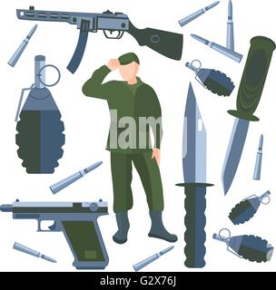 Set isolated weapons, soldier weapon, knife, bullet, grenade Stock Vector