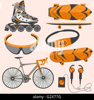 Sports equipment rollerblades, skate, bike, goggles Stock Vector