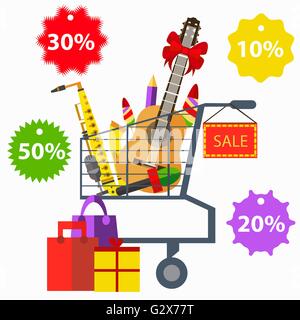 Sale of musical instruments guitar, trumpet, label Stock Vector