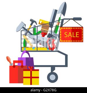 Sales of building materials hammer, saw, shovel, trowel Stock Vector