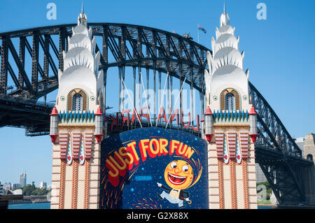 View of Sydney Harbour Bridge and entrance towers at Luna Park Sydney, Milsons Point, Sydney, New South Wales, Australia Stock Photo