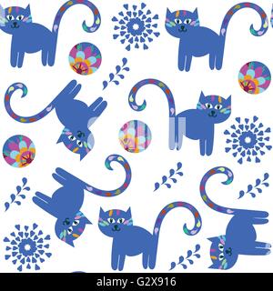 Cute cats  seamless pattern and seamless pattern in swatch menu, vector image Stock Vector