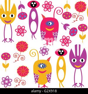 Monsters seamless pattern and seamless pattern in swatch menu, vector image Stock Vector