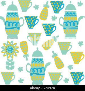 Cute tea seamless pattern with dishes and seamless pattern in swatch menu, vector illustration. Cute image  and texture for desi Stock Vector