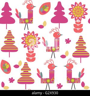 Odd birds seamless kids pattern and seamless pattern in swatch menu, vector illustration Stock Vector
