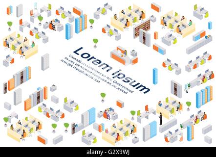 Modern Business Center Office Building Businesspeople Working Interior Copy Space 3d Isometric Stock Vector