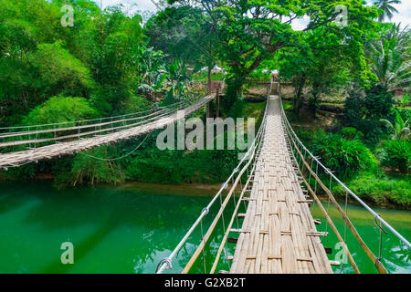 Bamboo hanging bridge over river in tropical forest, Bohol, Philippines Stock Photo