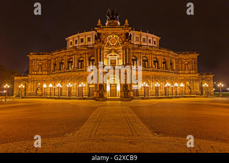Semper Opera, Theatre Square, at night, Dresden, Saxony, Germany Stock Photo