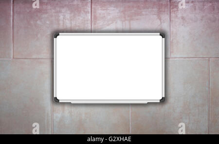 Blank white board on ceramic tiles wall texture background, stock photo Stock Photo