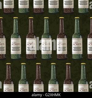 Bottles of light and dark beer on green background, seamless pattern Stock Vector