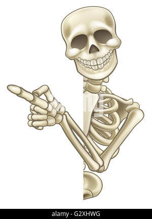 A skeleton cartoon character peeping around the side of a sign and pointing at it Stock Photo