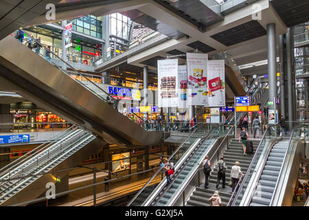 Interior of Berlin Hauptbahnhof Station, a multi level train station with shops and multiple escalators, Berlin's main railway station ,Berlin,Germany Stock Photo