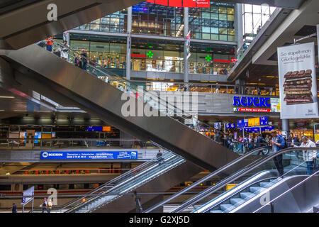 Interior of Berlin Hauptbahnhof Station, a multi level train station with shops and multiple escalators, Berlin's main railway station ,Berlin,Germany Stock Photo