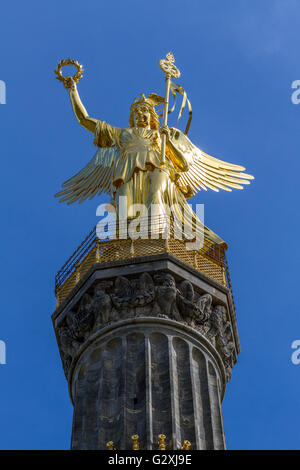 The golden statue of Victoria on the top of The Siegessäule, Berlin Victory Column Stock Photo