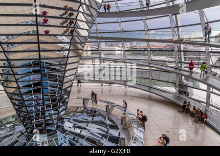 The interior of the glass dome of The Reichstag Building ,which houses the German Bundestag or German Parliament designed by Sir Norman Foster, Berlin Stock Photo