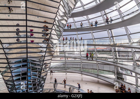 The interior of the glass dome of The Reichstag Building ,which houses the German Bundestag or German Parliament designed by Sir Norman Foster, Berlin Stock Photo