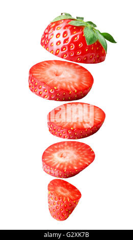 Falling sliced strawberry isolated on white Clipping Path Stock Photo