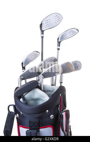 Set of golf clubs with bag isolated on white Stock Photo
