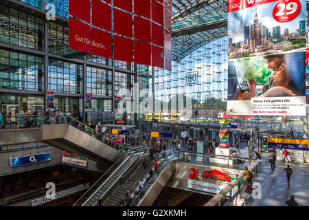 Interior of Berlin Hauptbahnhof Station, a multi level train station with shops and multiple escalators ,Berlin's main railway station, Berlin,Germany Stock Photo