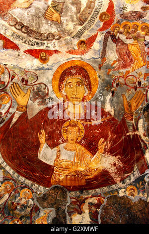 The fresco of Virgin Mary and baby Jesus Christ on the ceiling of the cave, that is the main church in Sumela monastery, Turkey Stock Photo