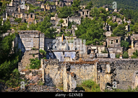 Partial view of  the 'ghost village' of Kayakoy Lycia, Mugla province, Turkey. Stock Photo