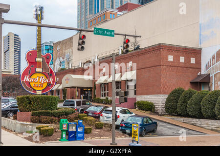 Guitar shaped neon sign outside the Hard Rock Cafe in downtown Nashville, Tennessee Stock Photo