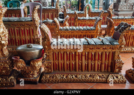 Traditional balinese percussive music instruments instruments for 'Gamelan' ensemble music, Ubud, Bali, Indonesia.