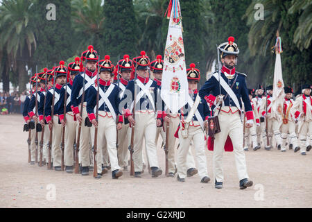 Badajoz, Spain - May 25, 2016: spanish troops during the Armed forces day. 6th Infantry Regiment Saboya period dressed Stock Photo