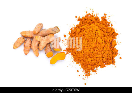 turmeric powder with turmeric root isolated on white Stock Photo