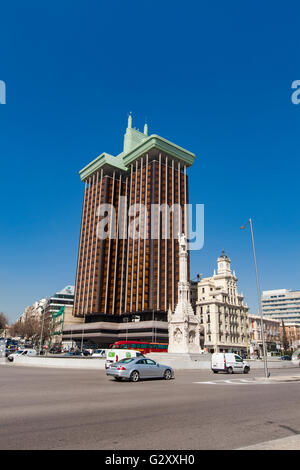 MADRID, SPAIN - MARCH 16, 2016: Plaza de Colon in Madrid. Torres de Colon is a high office building of twin towers at the Plaza Stock Photo